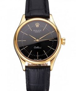 Rolex Cellini Nero Dial Gold Markings Gold Case Nero Leather Strap