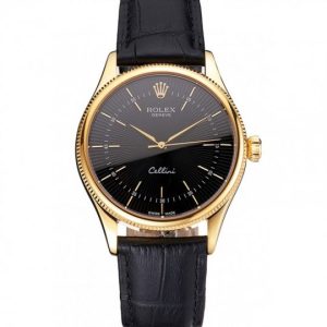 Rolex Cellini Nero Dial Gold Markings Gold Case Nero Leather Strap