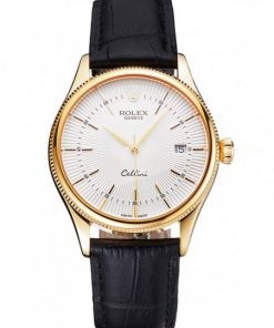 Rolex Cellini Date White Dial Gold Case Nero Leather Strap
