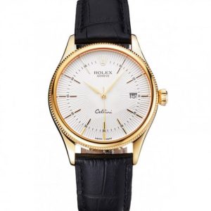 Rolex Cellini Date White Dial Gold Case Nero Leather Strap