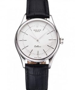 Rolex Cellini White Guilloche Dial Stainless Acciaio Case Nero Leather Strap