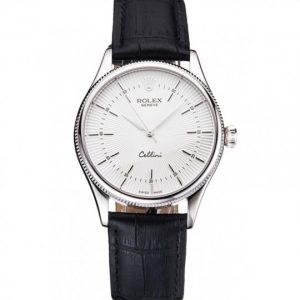 Rolex Cellini White Guilloche Dial Stainless Acciaio Case Nero Leather Strap