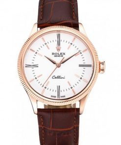 Rolex Cellini Time Gold Case White Dial Cuoio marrone Bracelet 622655