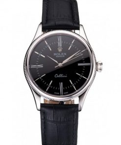 Rolex Cellini Nero Dial Roman Numerals Stainless Acciaio Case Nero Leather Strap