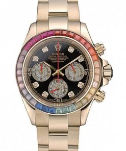 Rolex Daytona Cosmograph Rainbow Crystals Bezel Rose Gold Strap Nero Dial 80251