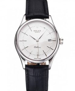 Rolex Cellini Date White Dial Stainless Acciaio Case Nero Leather Strap