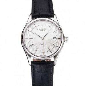 Rolex Cellini Date White Dial Stainless Acciaio Case Nero Leather Strap