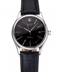 Rolex Cellini Date Nero Dial Stainless Acciaio Case Nero Leather Strap