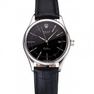 Rolex Cellini Date Nero Dial Stainless Acciaio Case Nero Leather Strap