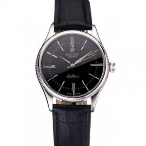 Rolex Cellini Time Argento Case Nero Dial Nero Leather Bracelet 622654