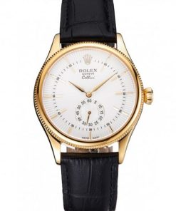 Rolex Cellini White Dial Gold Case Nero Leather Strap