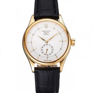 Rolex Cellini White Dial Gold Case Nero Leather Strap