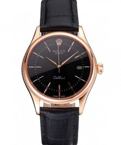 Rolex Cellini Date Nero Dial Rose Gold Markings Rose Gold Case Nero Leather Strap