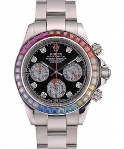 Rolex Daytona Cosmograph Rainbow Crystals Bezel Stainless Steep Strap Nero Dial 80250