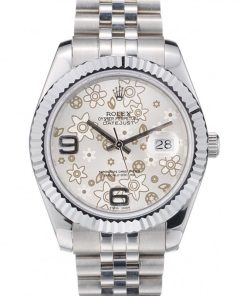 Rolex DateJust Stainless Acciaio Ribbed Bezel Flower Argento Dial 41983