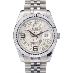 Rolex DateJust Stainless Acciaio Ribbed Bezel Flower Argento Dial 41983