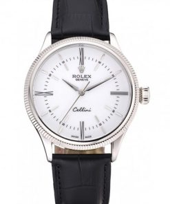 Rolex Cellini Time Argento Case White Dial Nero Leather Bracelet 622653